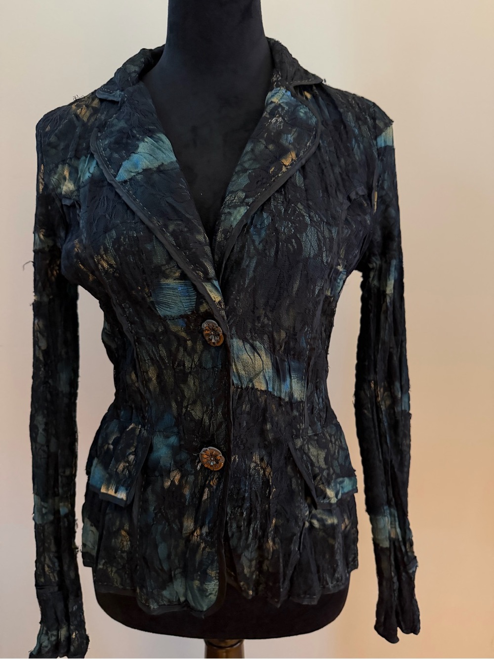 Alberto Makali Black Lace Blazer with Teal and Gold Washes Size M